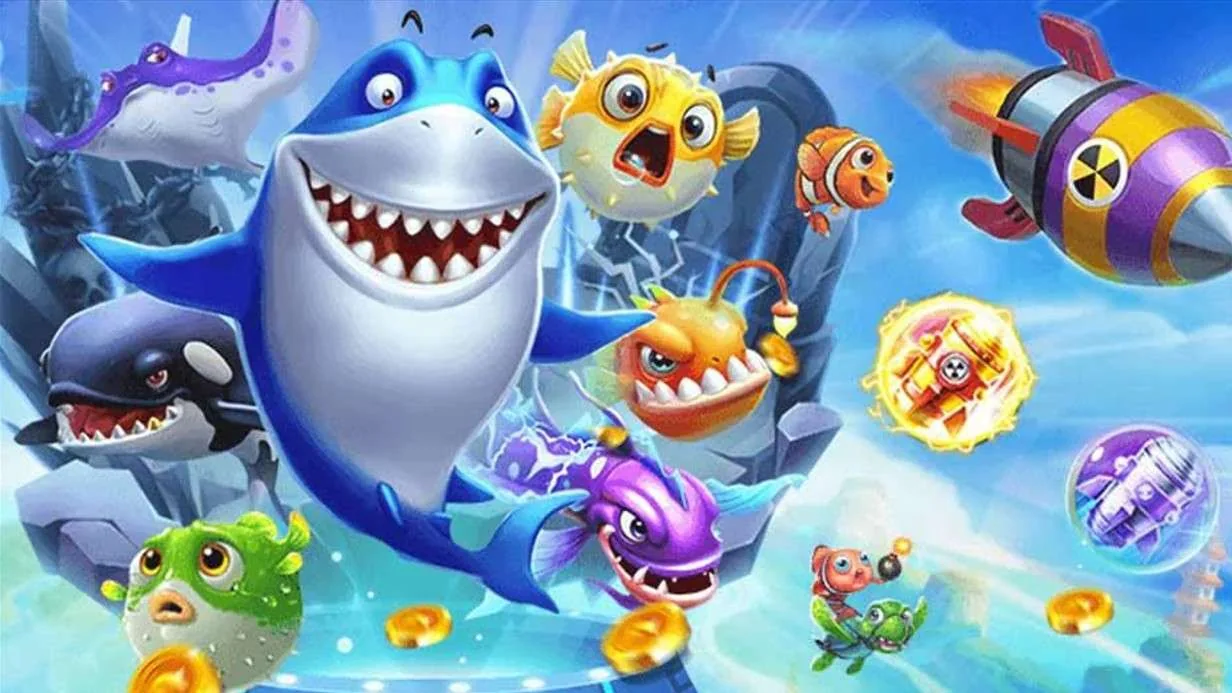 Visual permainan tembak ikan mobile dengan target laut berwarna-warni